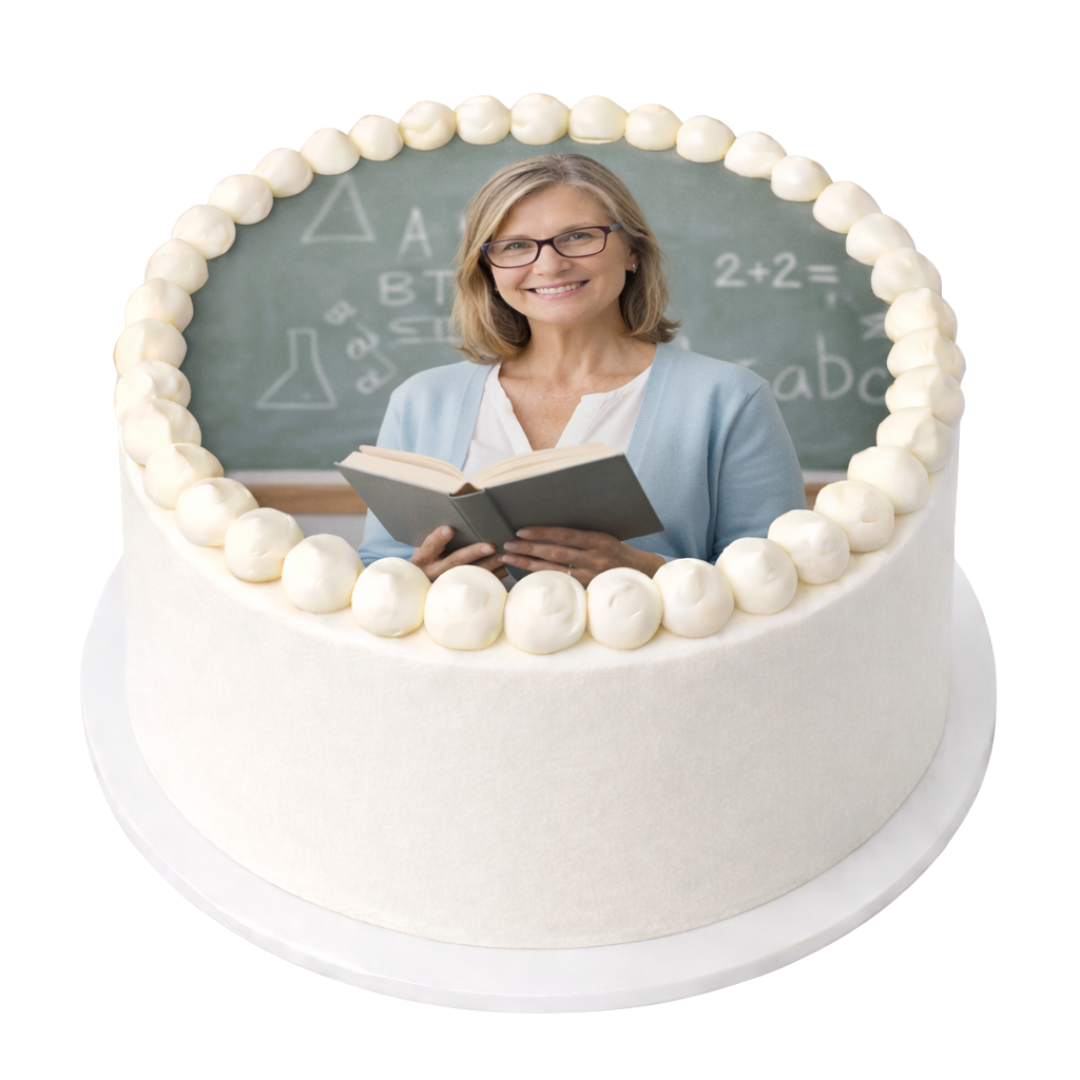 Apvalus tortas Mokytojos dienai su Jūsų atsiųsta nuotrauka, 33 Eur/kg