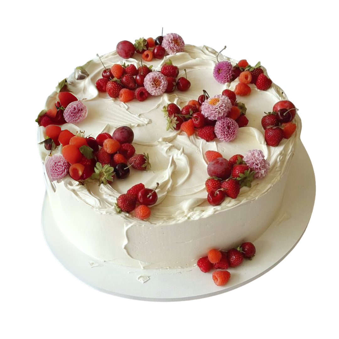 Apvalus tortas su grietinėlės aptepimu ir uogų-gėlių dekoru, 40 Eur/kg