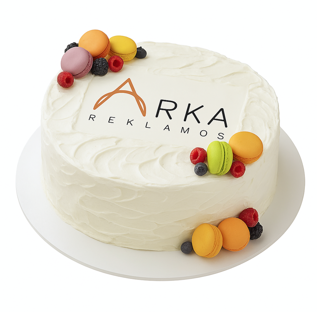 Apvalus tortas su grietinėle ir papuošimais, su logotipu arba nuotrauka 33 Eur/kg