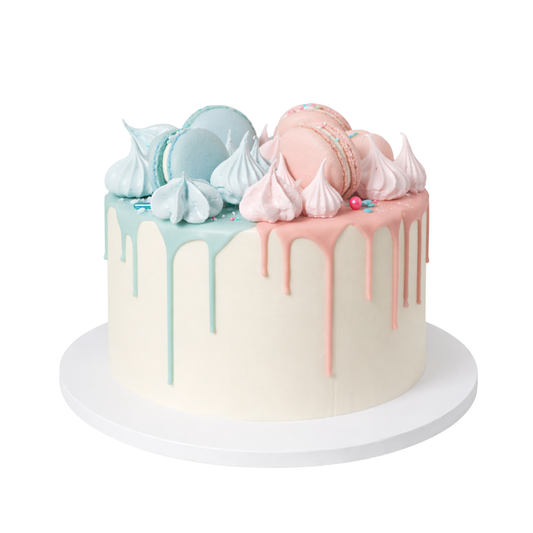 Lyties atskleidimo tortas SU MACARONS ir nubėgimais, 37 Eur/kg