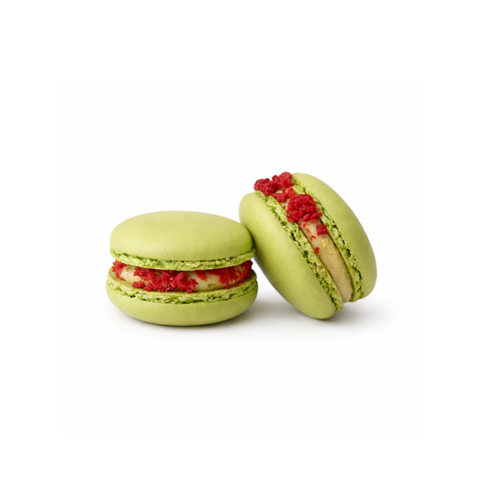 Pistacijų-Aviečių Macarons