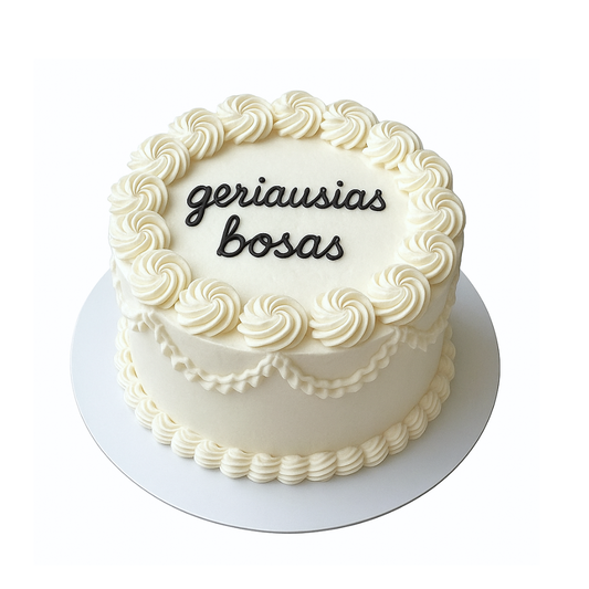 Vintažinis tortas su grietinėlės puošimu ir užrašu, 37 Eur/kg