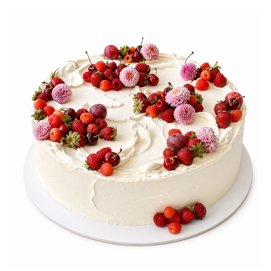 Apvalus tortas su grietinėlės aptepimu ir uogų-gėlių dekoru, 40 Eur/kg
