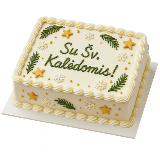 Didelis stačiakampis tortas su šventiniu dekoru, 33 Eur/kg
