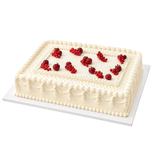 Kvadratinis tortas su grietinėlės aptepimu ir uogomis, 40 Eur/kg