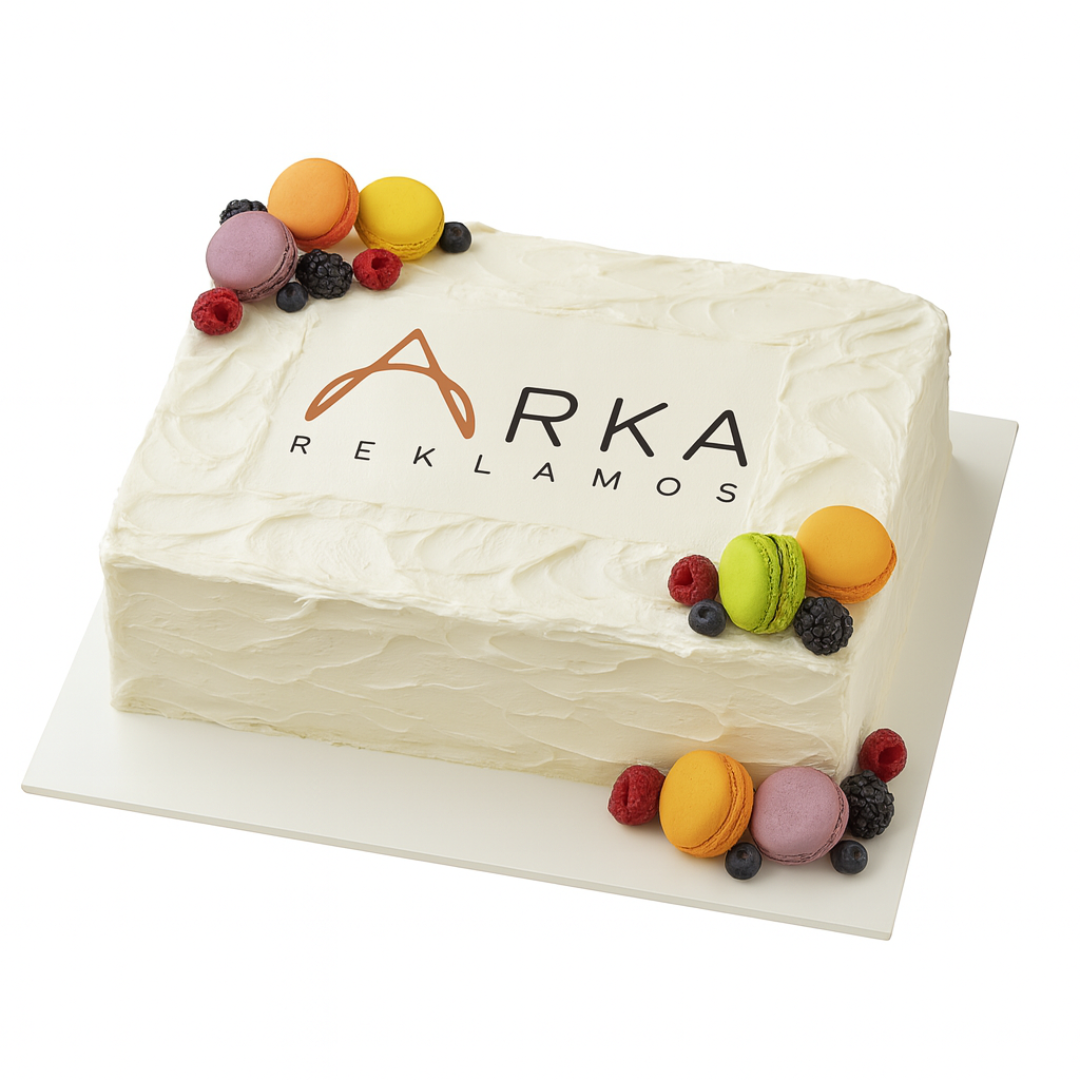 Didelis stačiakampis tortas su Jūsų logotipu ir macarons-uogų dekoru, 33 Eur/kg