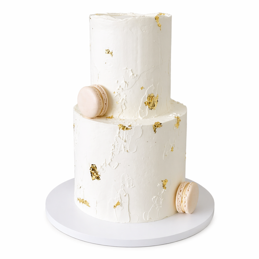 Grietinėle dengtas tortas su aukso dekoru ir Macarons, 37 Eur/kg