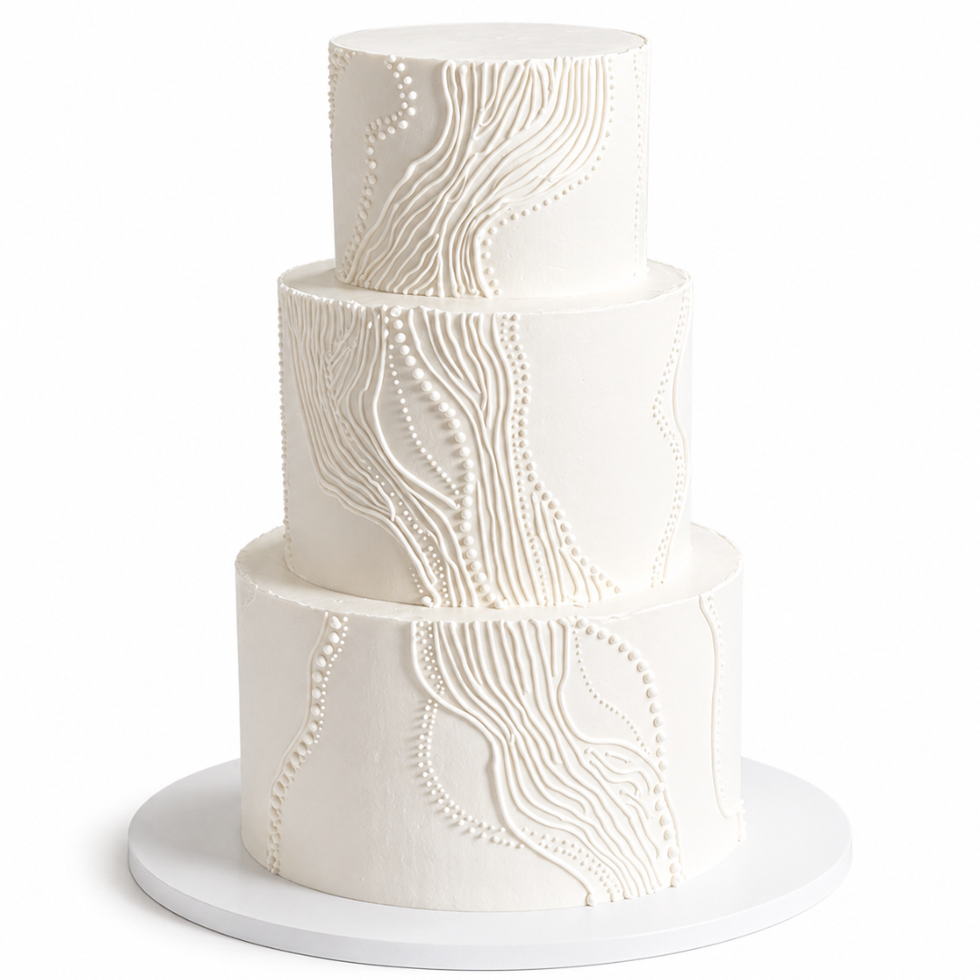 Grietinėle dengtas tortas su ornamentiniais akcentais, 37 Eur/kg