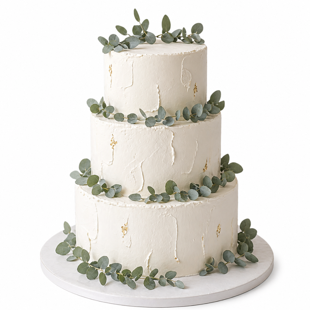 Grietinėle dengtas tortas su aukso detalėmis ir eukaliptu, 40 Eur/kg