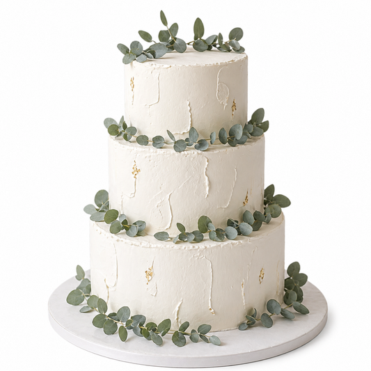 Grietinėle dengtas tortas su aukso detalėmis ir eukaliptu, 40 Eur/kg